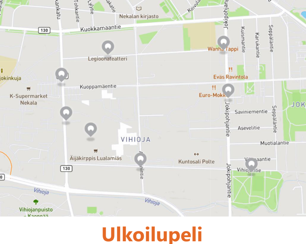 Seppopelin näkymä, jossa on karttapohja Tampereen muutamasta korttelista kuvaamassa ulkoilupeliä

