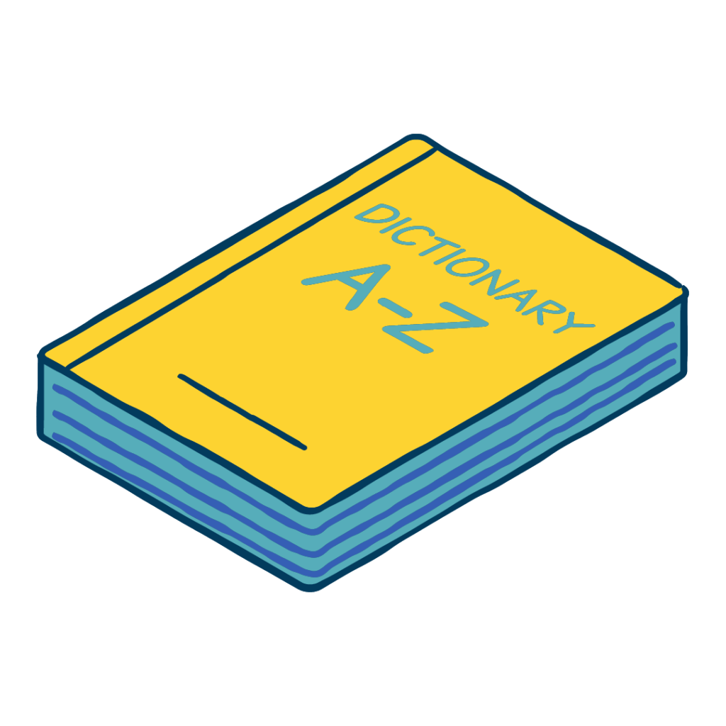 Drawn picture of a book with a text "Dictionary A-Z" on the cover.