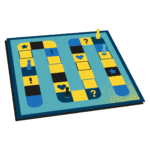 A drawn picture of a board game with yellow and blue squares.
