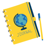 A drawn picture of a journal book with a globe in its cover and a pen next to it.