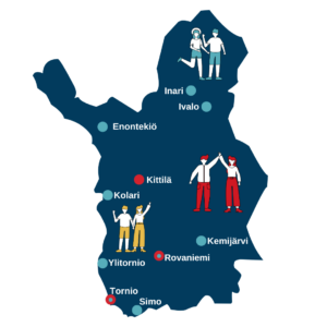 Lapin alueen kartta, jossa näkyy paikkakunnat: Inari, Ivalo, Enontekiö, Kittilä, Kolari, Kemijärvi, Rovaniemi, Ylitornio, Tornio ja Simo.