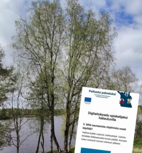 Järvi ja koivuja, päällä kuva lomakkeesta, jossa lukee "Digitaitokysely opiskelijaksi hakevalle".