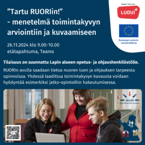Tartu RUORIin - menetelmä toimintakyvyn arviointiin ja kuvaamiseen -tilaisuuden mainos, kuvassa Luovin ja Europaan unionin osarahoittama -logot.