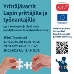 Yrittäjävartit Lapin yrittäjille ja työnantajille mainos, jossa Luovin ja Euroopan unionin osarahoittama -logot.