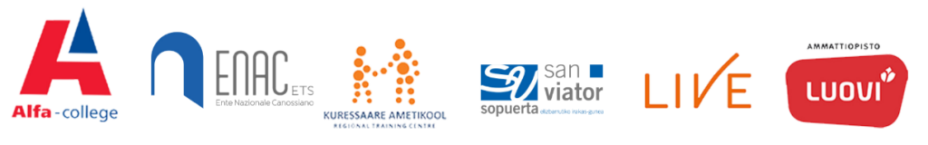 Alfa-college, Enac ETS, Kuressaare Ametikool, San Viator, Live ja Ammattiopisto Luovin logot.