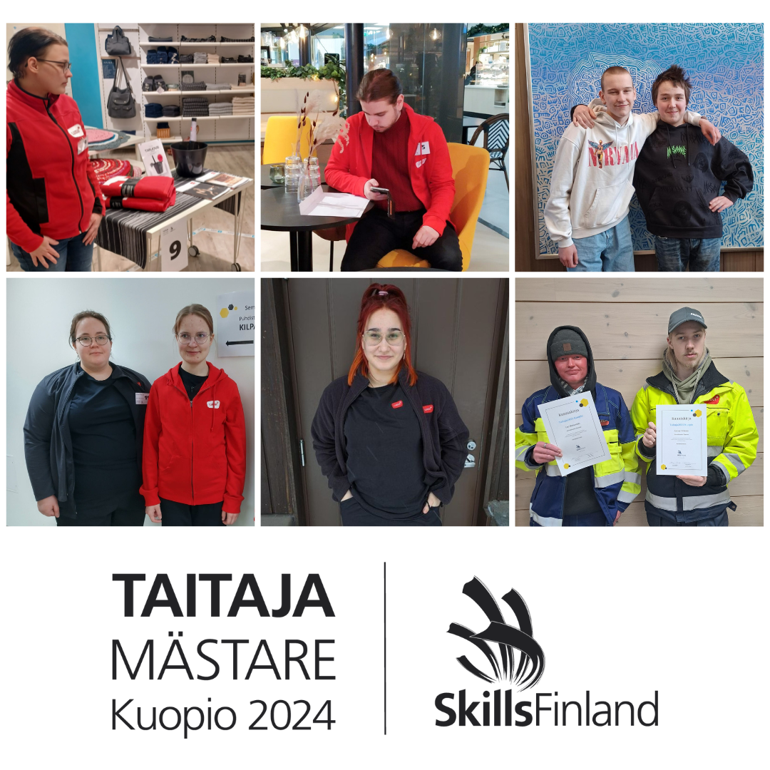 Taitaja2024-finalistit Emilia Salonen (liiketalous), Thomas Jarvis (liiketalous), Leevi Lepistö (ravintola- ja cateringala), Mikael Sipola (ravintola- ja cateringala), Elina Rautio (puhdistuspalvelu), Tiia Hohenthal (puhdistuspalvelu), Hilja Nuormaa (puhdistuspalvelu), Leo Metsomäki (kiinteistönhoito) ja Joonas Virtanen (kiinteistönhoito).