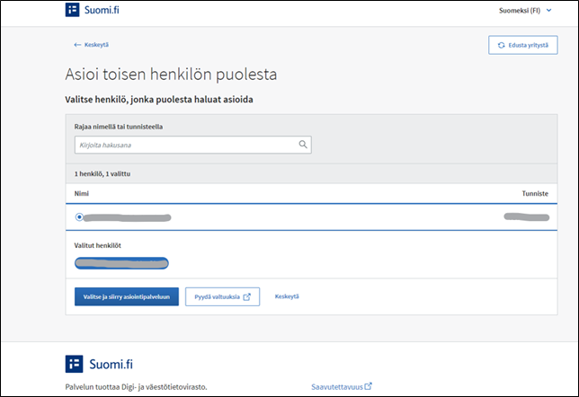Kuvakaappaus Suomi.fi -tunnistautumisesta, valitse henkilö, jonka puolesta haluat asioida.