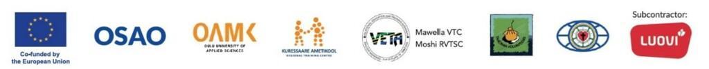 Co-dunded by the European Union, OSAO, OAMK, Kuresaare ametikool, Mawella VTC,  Tanzania Volunteers and Luovi logos.