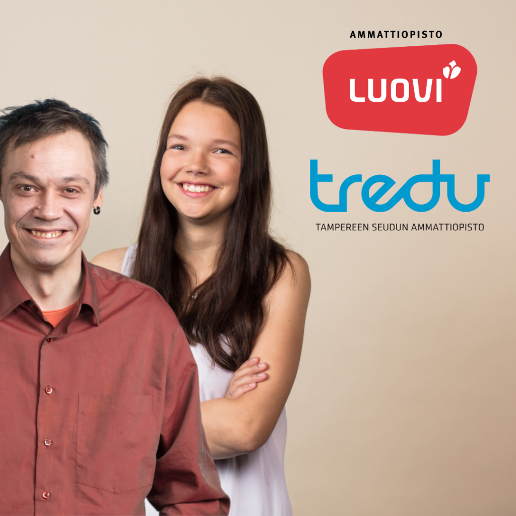 Kaksi opiskelijaa katsovat kameraan ja hymyilevät, vieressä Luovin ja Tredun logot.