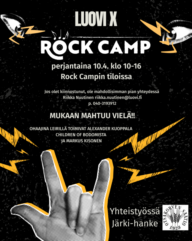 Luovin Rock Camp -mainos, jossa silmiä, käsi ja salamoita sekä teksti, jossa kerrotaan leirin aikataulu ja ilmoittautumisohjeet.