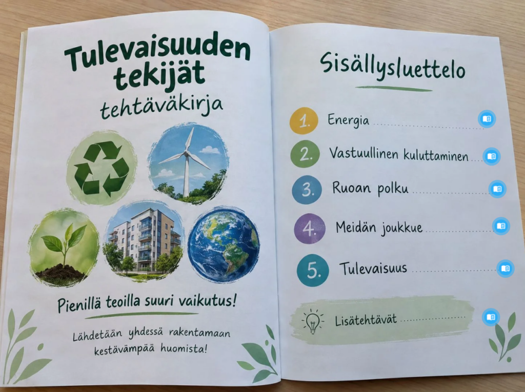 Thinglinkin kansikuva, jossa avoin kirja, jossa lukee "Tulevaisuuden tekijät tehtäväkirja. Pienillä teoilla suuri vaikutus! Lähdetään yhdessä rakentamaan kestävämpää huomista." sekä sisällysluettelo, jossa seuraavat kohdat: 1. Energia, 2. Vastuullinen kuluttaminen, 3. Ruoan polku, 4. Meidän joukkue, 5. Tulevaisuus ja Lisätehtävät.