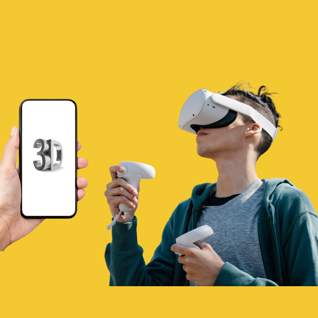 Keltaisella taustalla vasemmalla käsi, joka pitää AR-puhelinta ja vasemmalla henkilö, jolla päässään VR-lasit ja käsissään VR-ohjaimet.