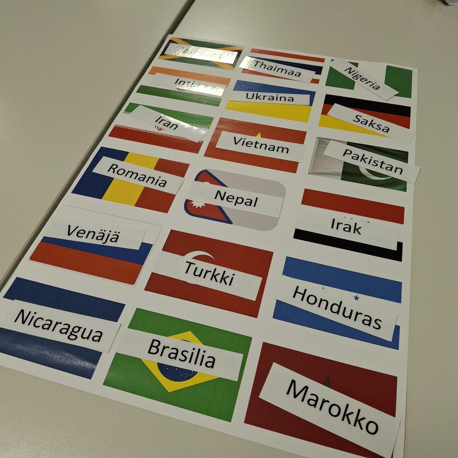 Pöydällä kortteja, joissa eri maiden lippuja ja päälle aseteltu laput, joissa lukee kyseisen maan nimi.